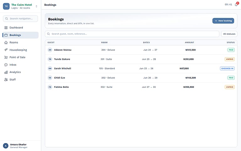 Bookings list — every reservation, direct and OTA, in one list Lodgestatus Bonifade Technologies