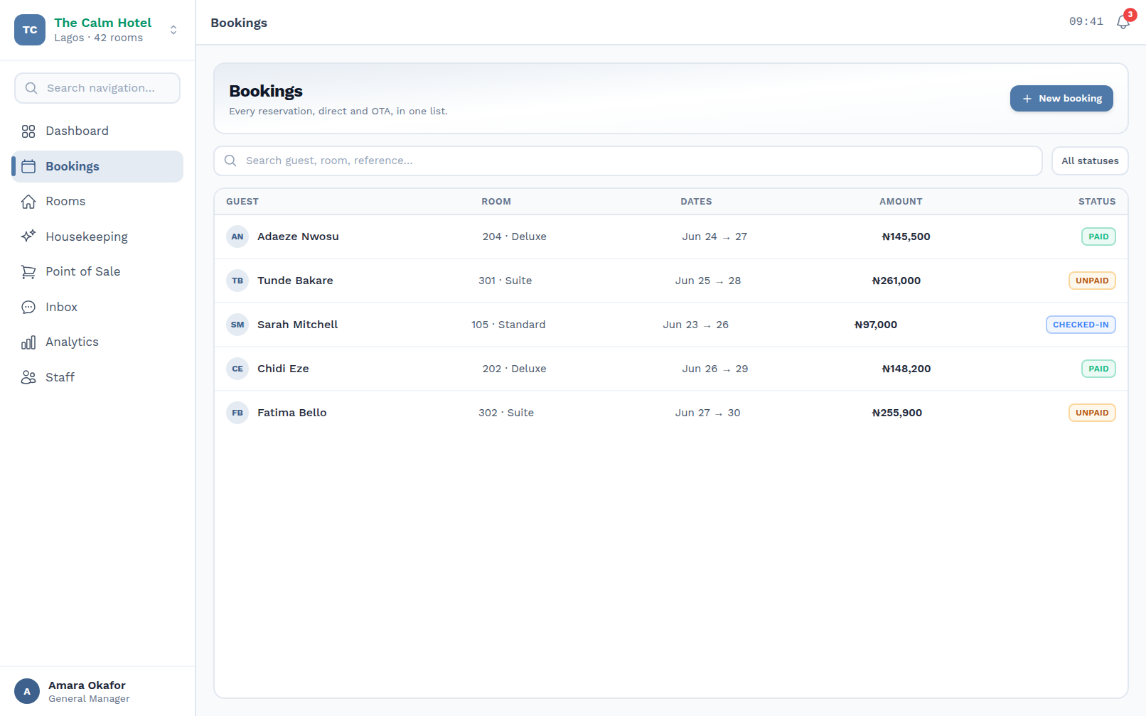 Bookings list — every reservation, direct and OTA, in one list