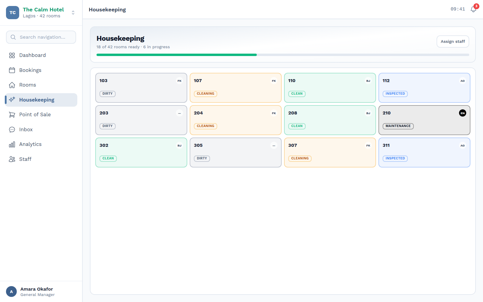 Housekeeping board — room status at a glance