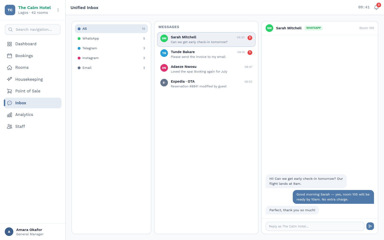 Unified inbox — WhatsApp, Telegram, Instagram and email in one place