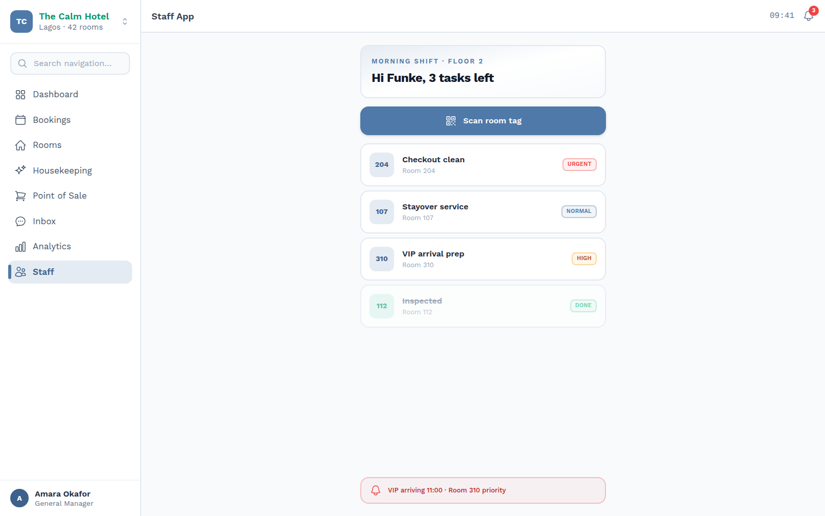 Staff app — tasks and room tags for the team on the floor