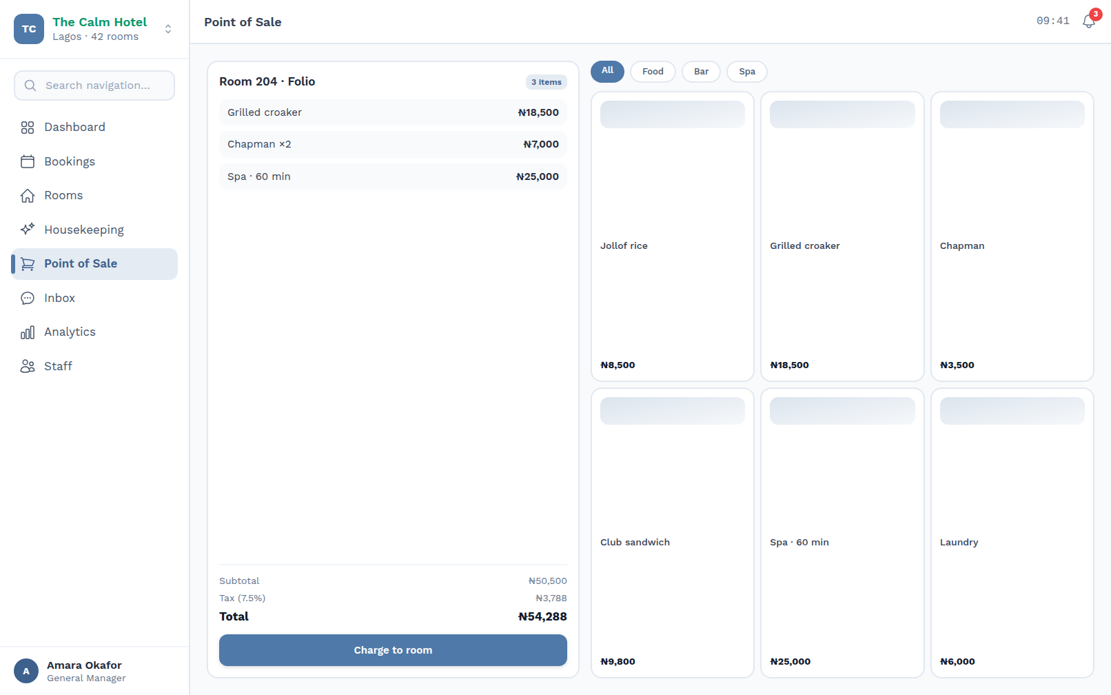 Point of sale — charge food, bar and spa to the room folio